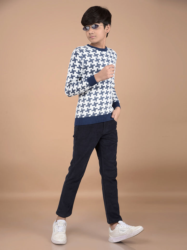 Navy Blue Jacquard Sweater-Boys Sweaters-Crimsoune Club