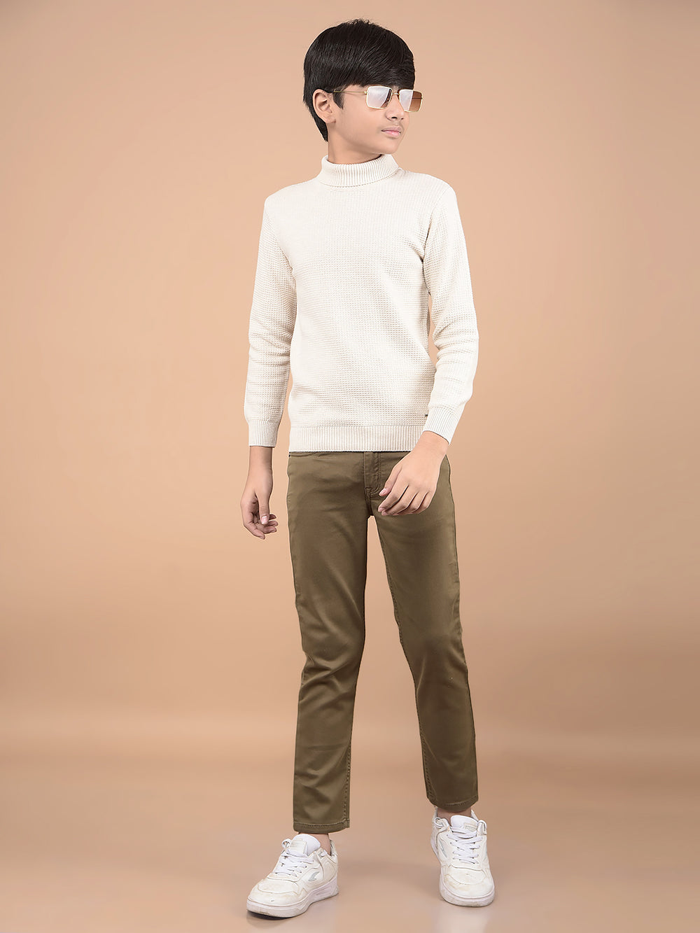 Beige High Neck 100% Cotton Sweater-Boys Sweaters-Crimsoune Club