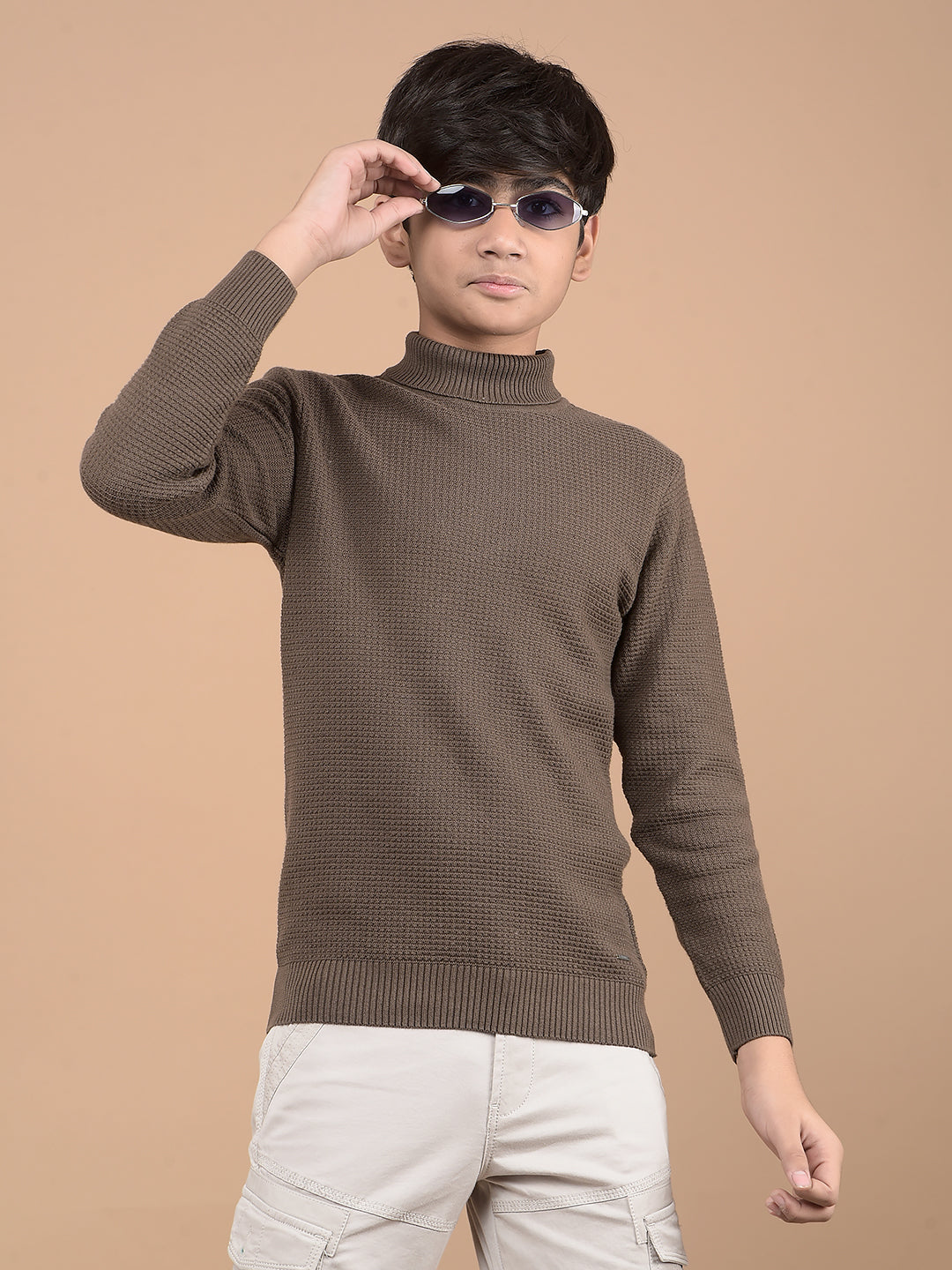 Brown High Neck 100% Cotton Sweater-Boys Sweaters-Crimsoune Club