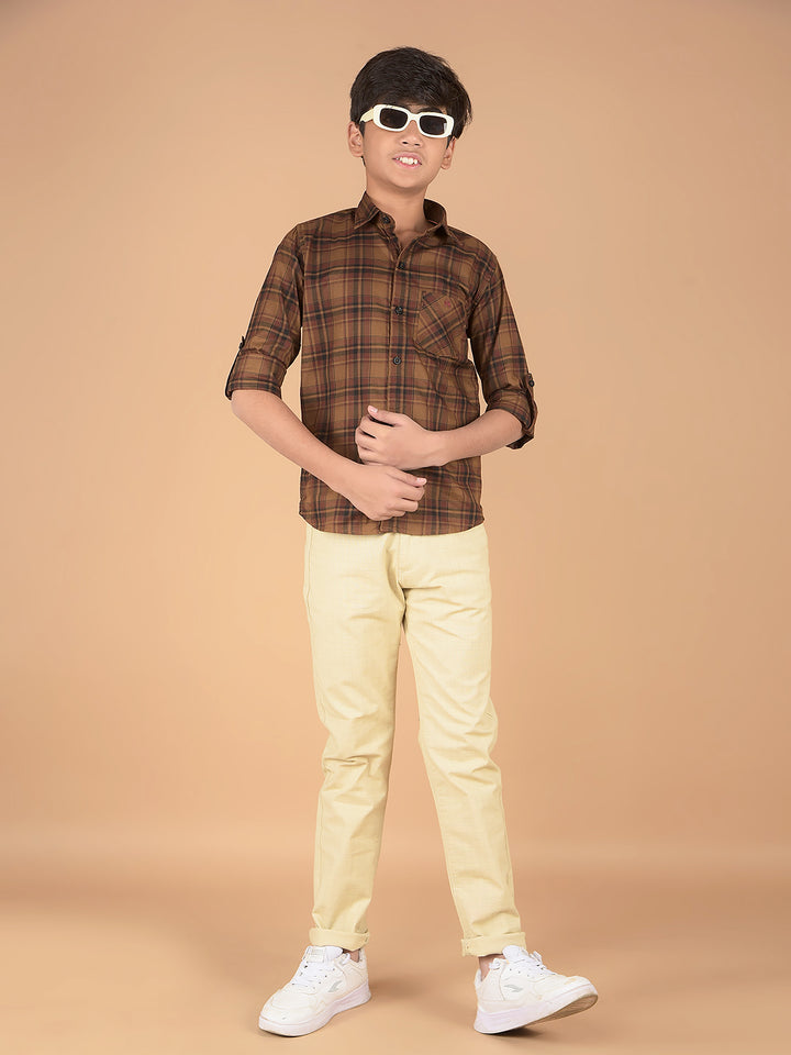 Beige Checked Cotton Chinos-Boys Trousers-Crimsoune Club