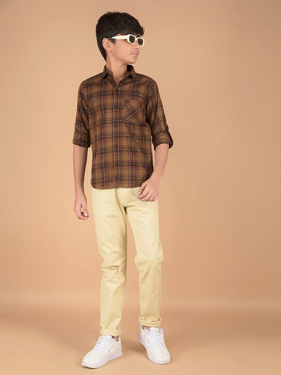 Beige Checked Cotton Chinos-Boys Trousers-Crimsoune Club
