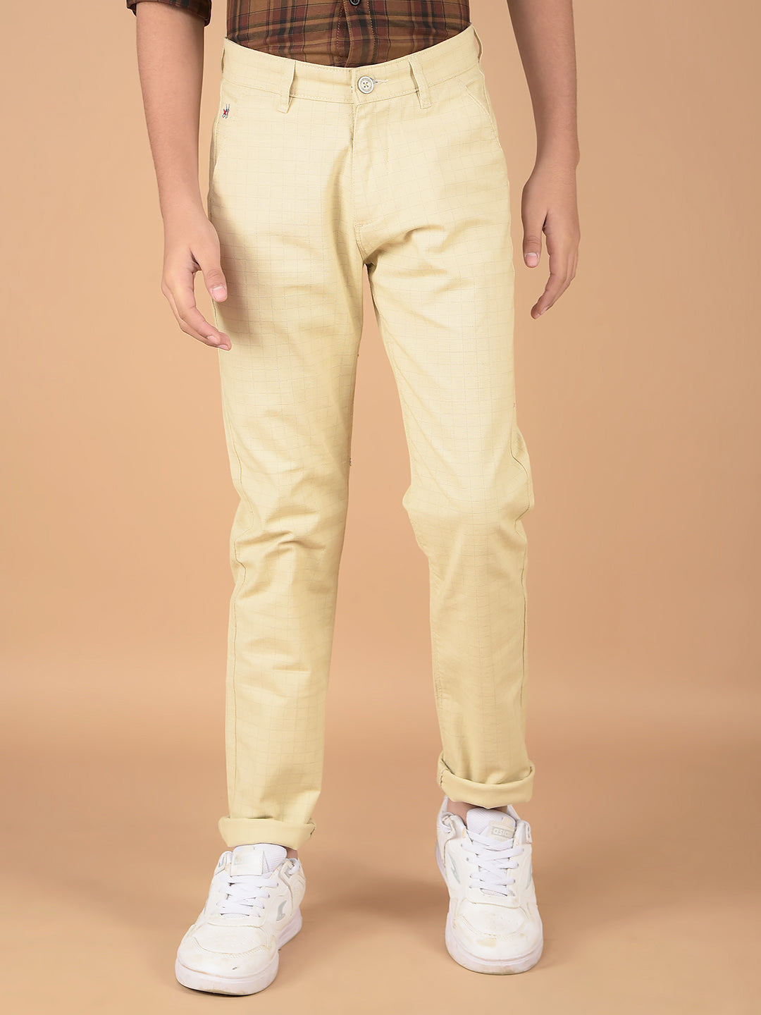 Beige Checked Cotton Chinos-Boys Trousers-Crimsoune Club