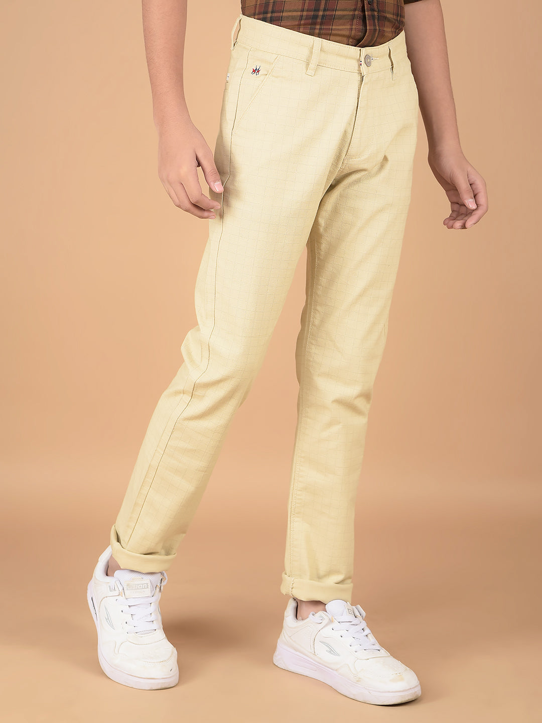 Beige Checked Cotton Chinos-Boys Trousers-Crimsoune Club
