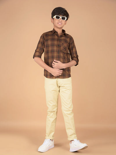 Beige Checked Cotton Chinos-Boys Trousers-Crimsoune Club