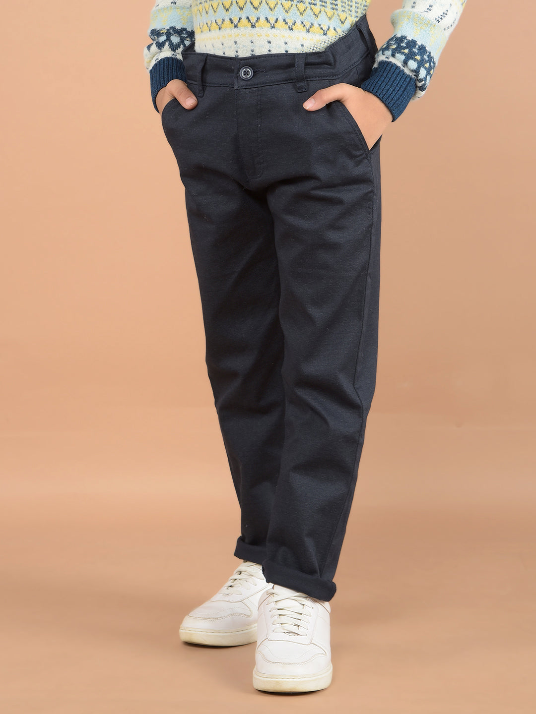 Navy Blue Printed Cotton Trousers-Boys Trousers-Crimsoune Club