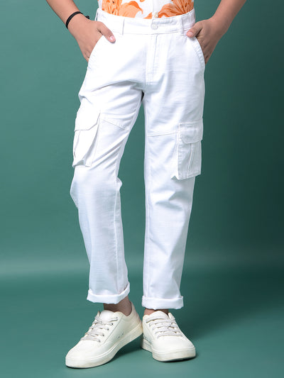 White 100% Cotton Cargo Trousers-Boys Trousers-Crimsoune Club