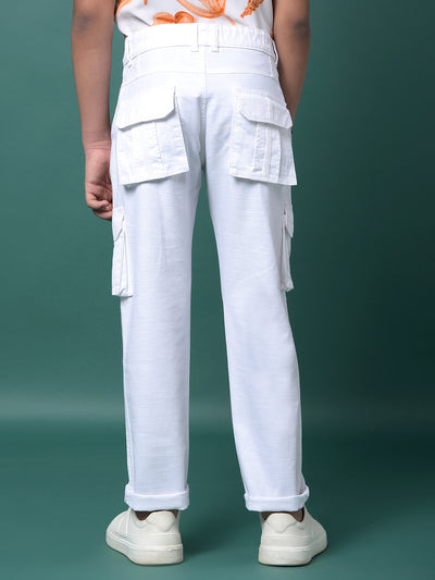 White 100% Cotton Cargo Trousers-Boys Trousers-Crimsoune Club