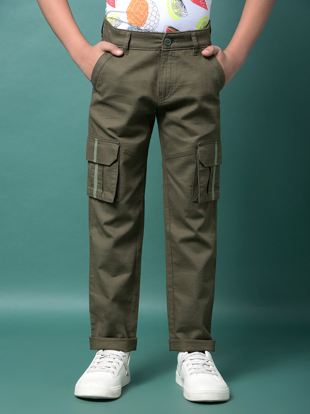 Olive 100% Cotton Cargo Trousers-Boys Trousers-Crimsoune Club