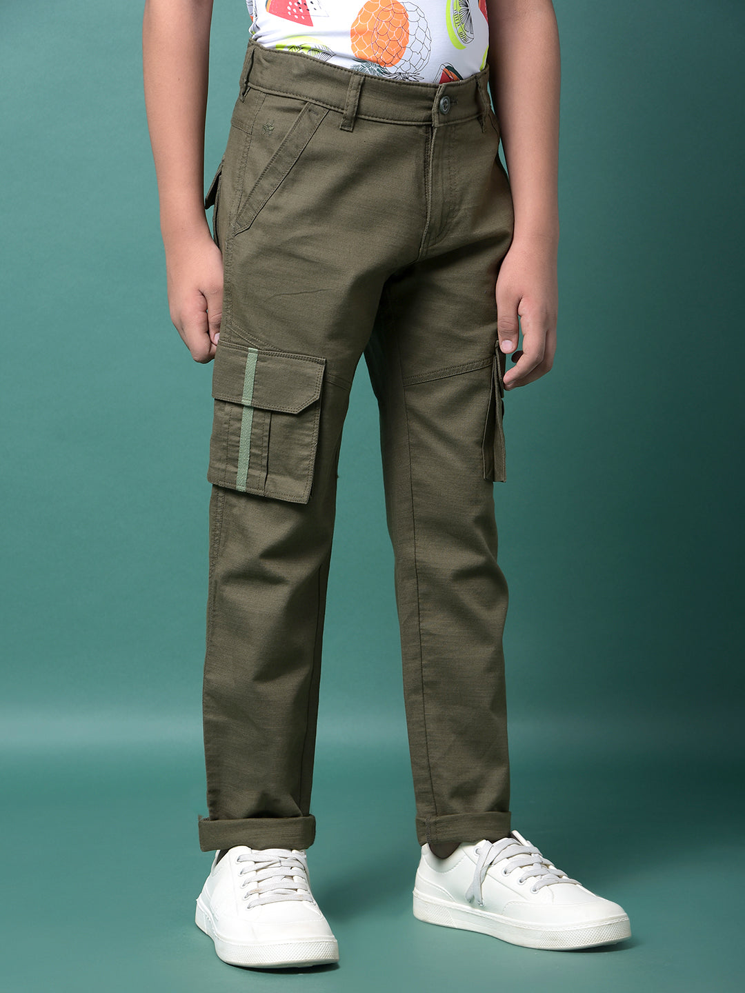 Olive 100% Cotton Cargo Trousers-Boys Trousers-Crimsoune Club