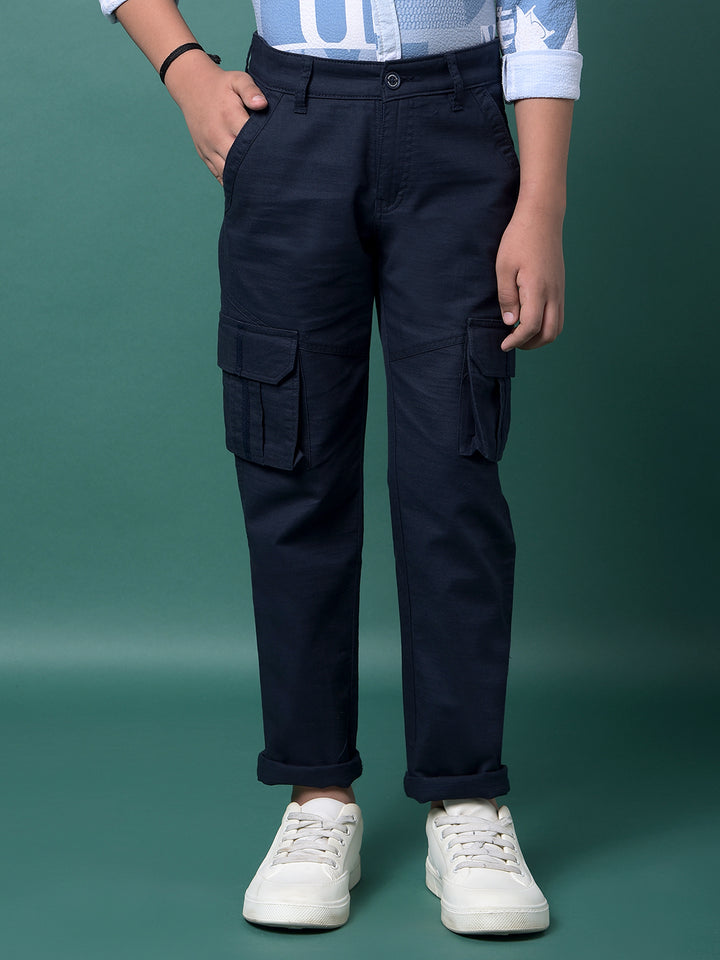 Navy Blue 100% Cotton Cargo Trousers-Boys Trousers-Crimsoune Club