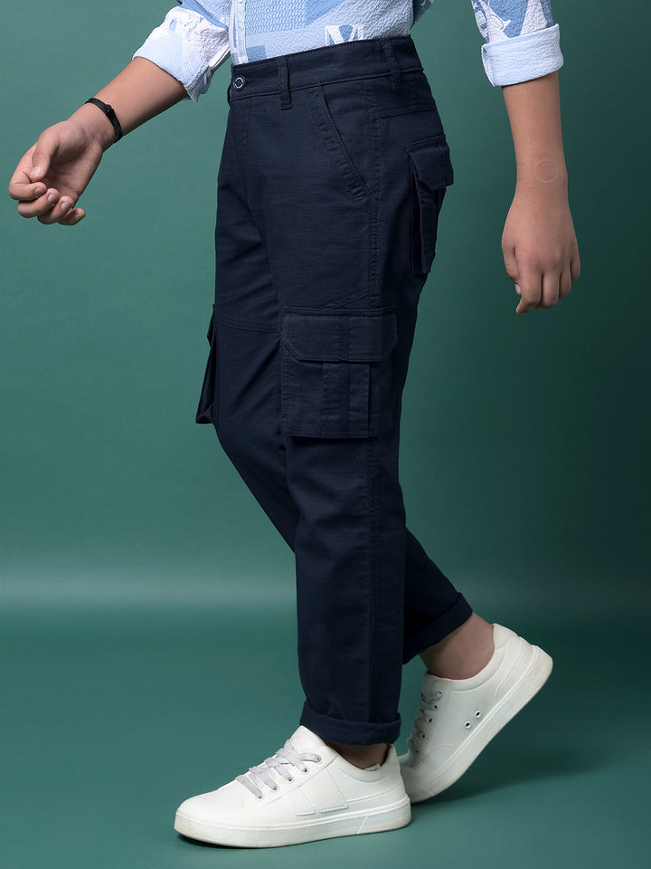 Navy Blue 100% Cotton Cargo Trousers-Boys Trousers-Crimsoune Club