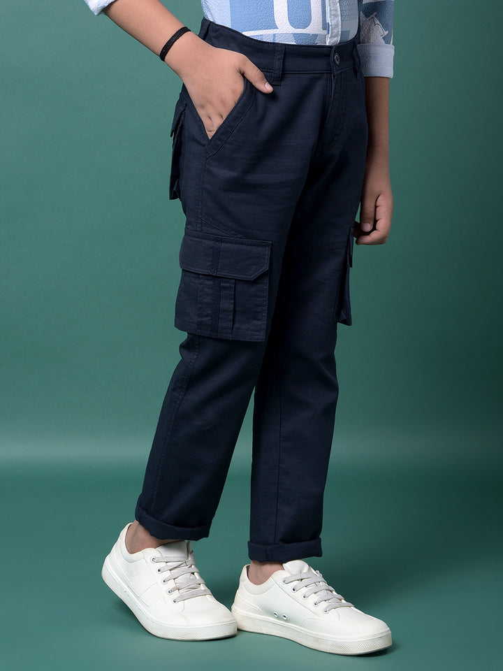 Navy Blue 100% Cotton Cargo Trousers-Boys Trousers-Crimsoune Club