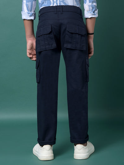 Navy Blue 100% Cotton Cargo Trousers-Boys Trousers-Crimsoune Club