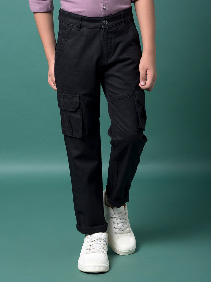 Black 100% Cotton Cargo Trousers-Boys Trousers-Crimsoune Club
