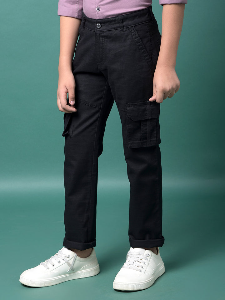 Black 100% Cotton Cargo Trousers-Boys Trousers-Crimsoune Club