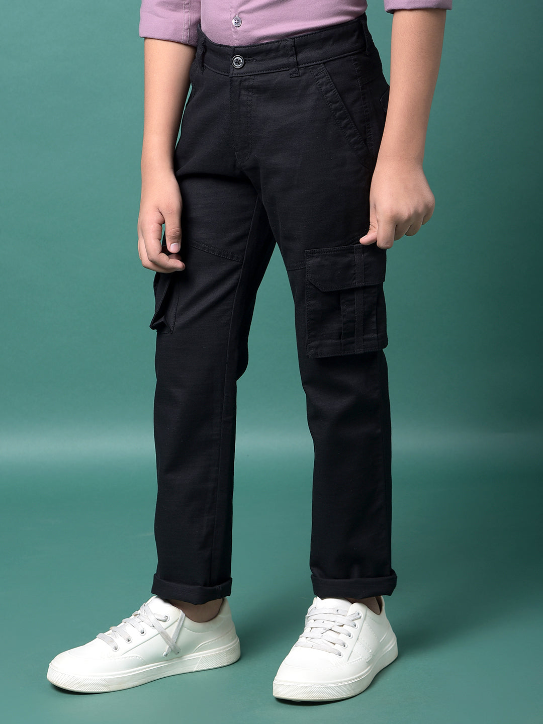Black 100% Cotton Cargo Trousers-Boys Trousers-Crimsoune Club