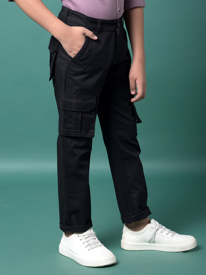 Black 100% Cotton Cargo Trousers-Boys Trousers-Crimsoune Club