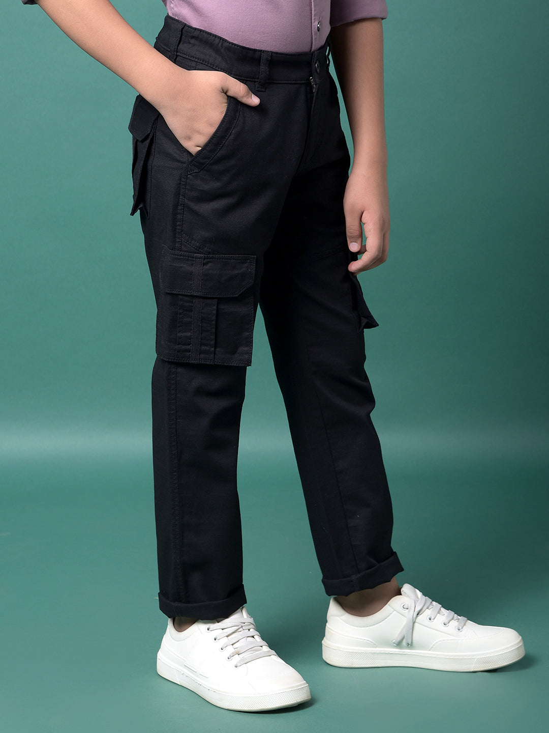 Black 100% Cotton Cargo Trousers-Boys Trousers-Crimsoune Club