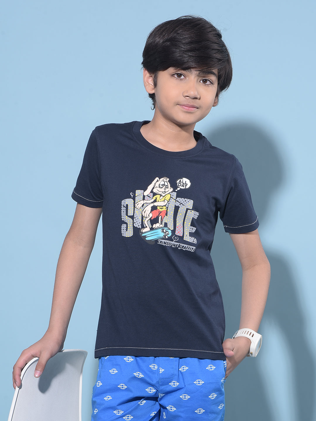 Navy Blue Graphic Print 100% Cotton T-Shirt-Boys T-Shirts-Crimsoune Club