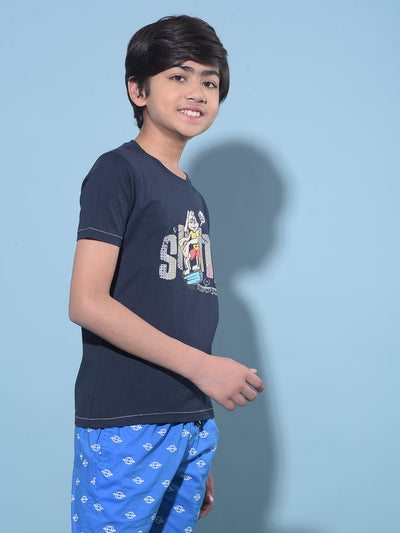 Navy Blue Graphic Print 100% Cotton T-Shirt-Boys T-Shirts-Crimsoune Club