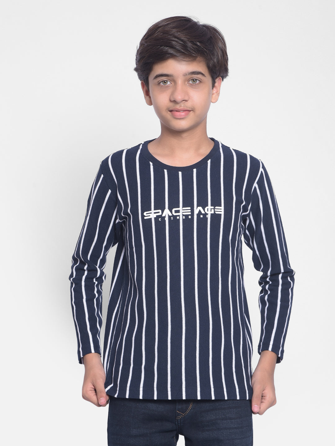 Navy Blue Striped Round Neck T-shirt-Boys T-shirts-Crimsoune Club