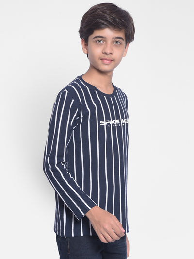 Navy Blue Striped Round Neck T-shirt-Boys T-shirts-Crimsoune Club