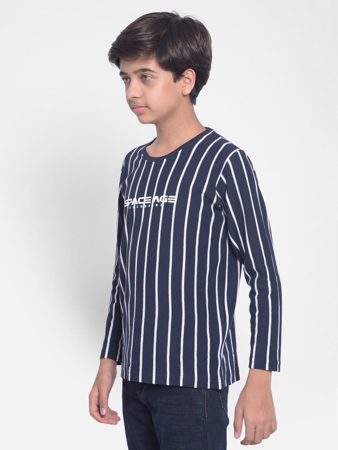 Navy Blue Striped Round Neck T-shirt-Boys T-shirts-Crimsoune Club