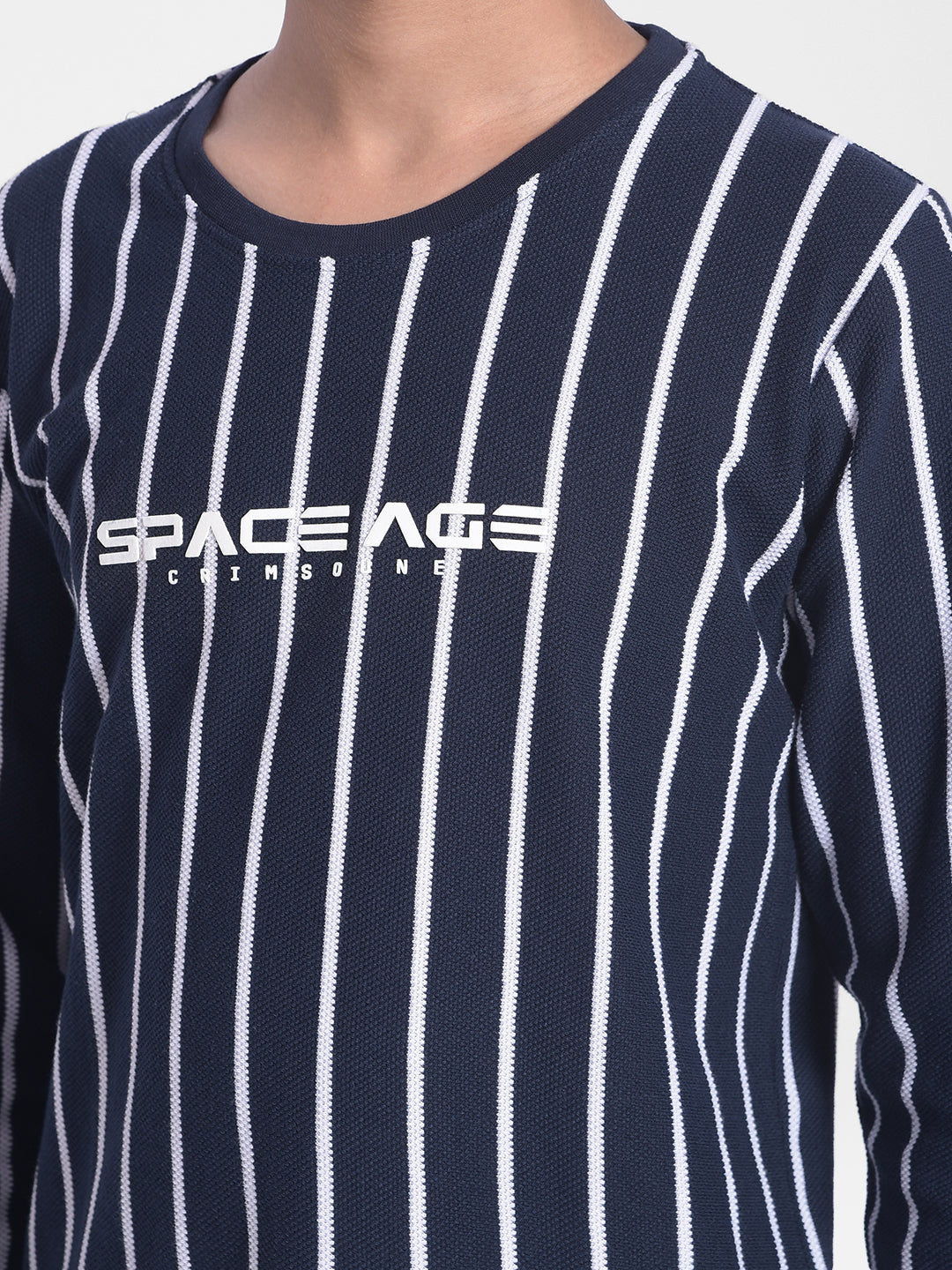 Navy Blue Striped Round Neck T-shirt-Boys T-shirts-Crimsoune Club