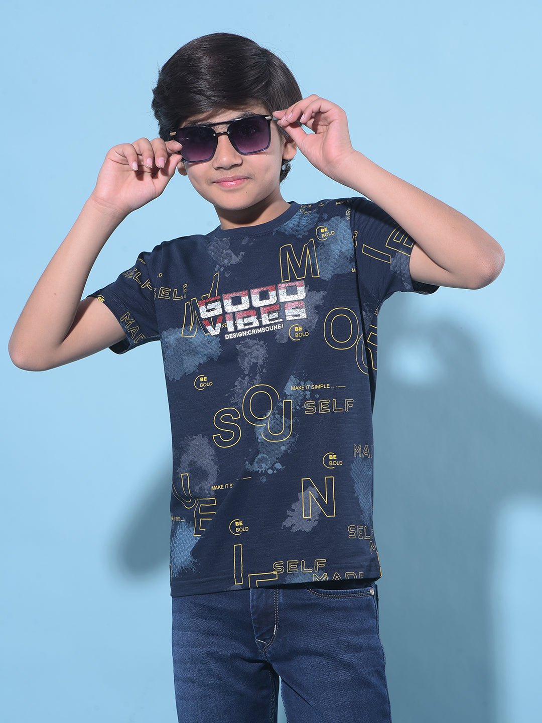 Navy Blue Typographic Printed T-Shirt-Boys T-Shirts-Crimsoune Club