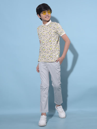 Cream Floral Printed Cotton Polo T-Shirt-Boys T-Shirts-Crimsoune Club