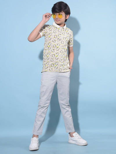 Cream Floral Printed Cotton Polo T-Shirt-Boys T-Shirts-Crimsoune Club