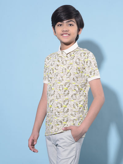 Cream Floral Printed Cotton Polo T-Shirt-Boys T-Shirts-Crimsoune Club