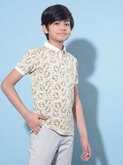 Cream Floral Printed Cotton Polo T-Shirt-Boys T-Shirts-Crimsoune Club