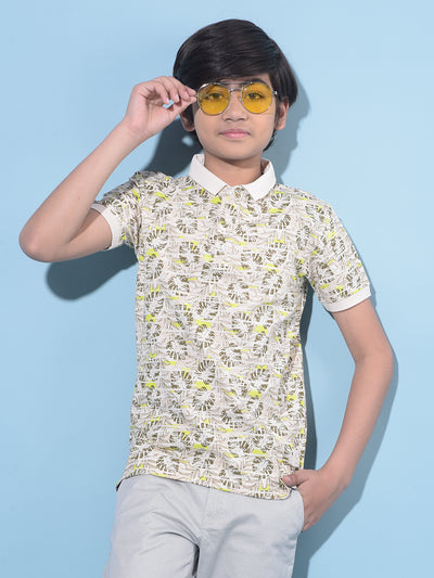 Cream Floral Printed Cotton Polo T-Shirt-Boys T-Shirts-Crimsoune Club