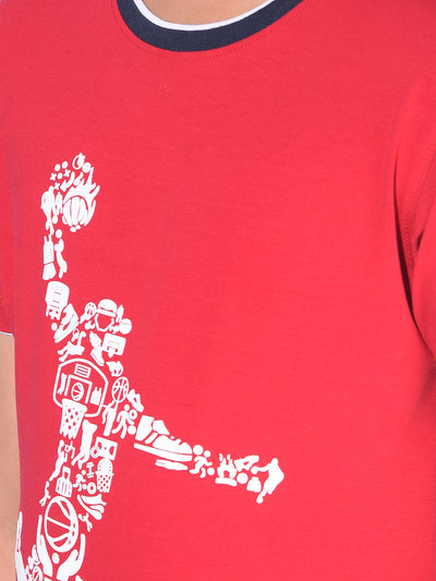 Red Graphic Print Cotton T-Shirt-Boys T-Shirts-Crimsoune Club