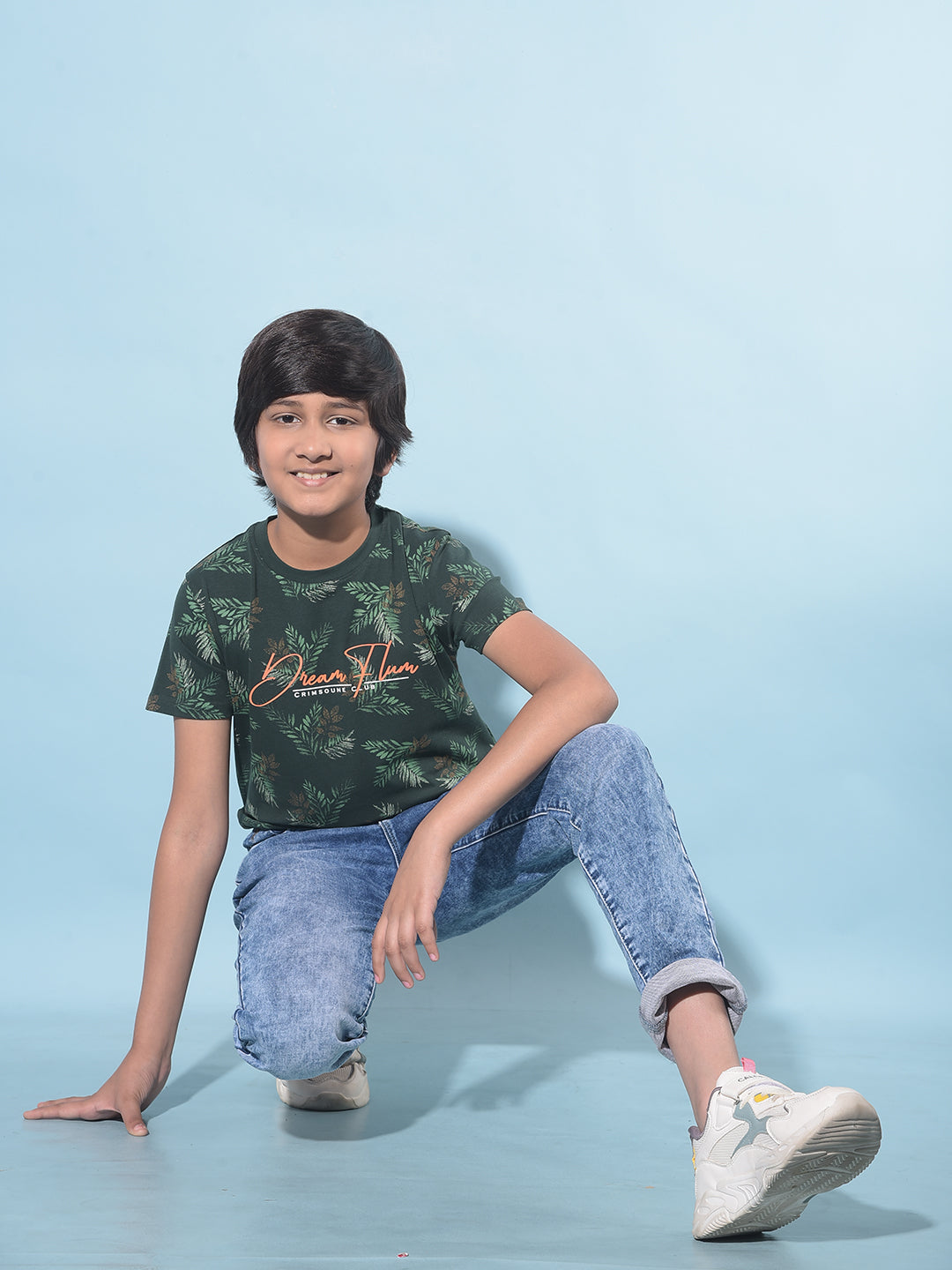 Green Floral Print T-Shirt-Boys T-Shirts-Crimsoune Club