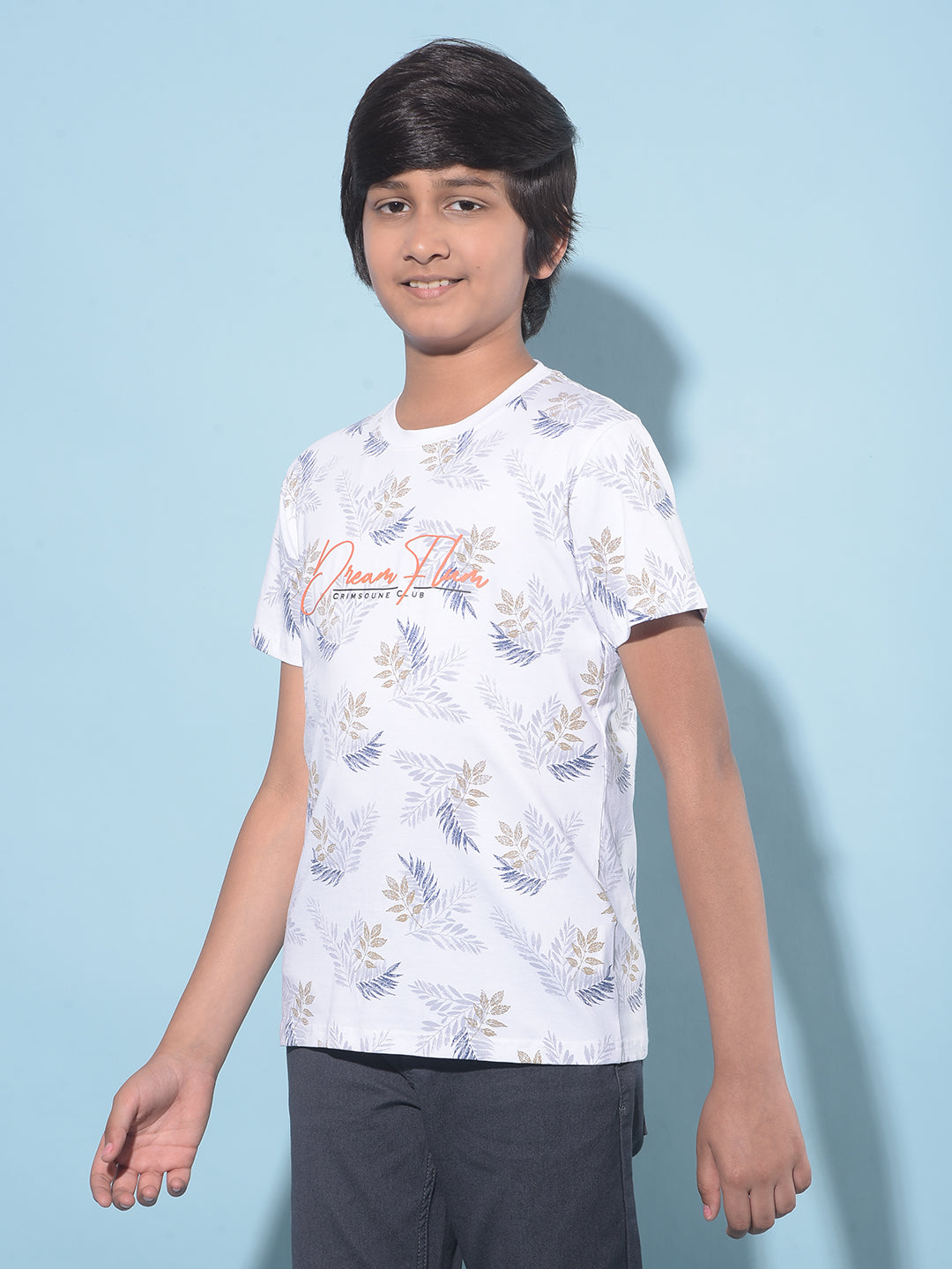 White Floral Print T-Shirt-Boys T-Shirts-Crimsoune Club