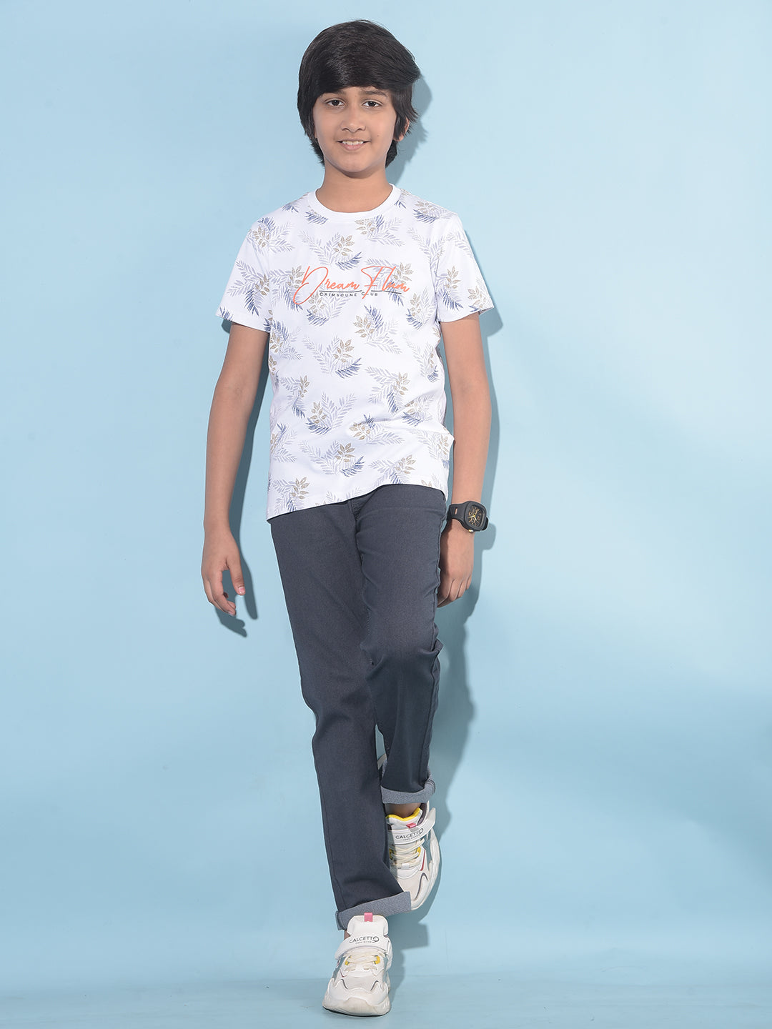 White Floral Print T-Shirt-Boys T-Shirts-Crimsoune Club