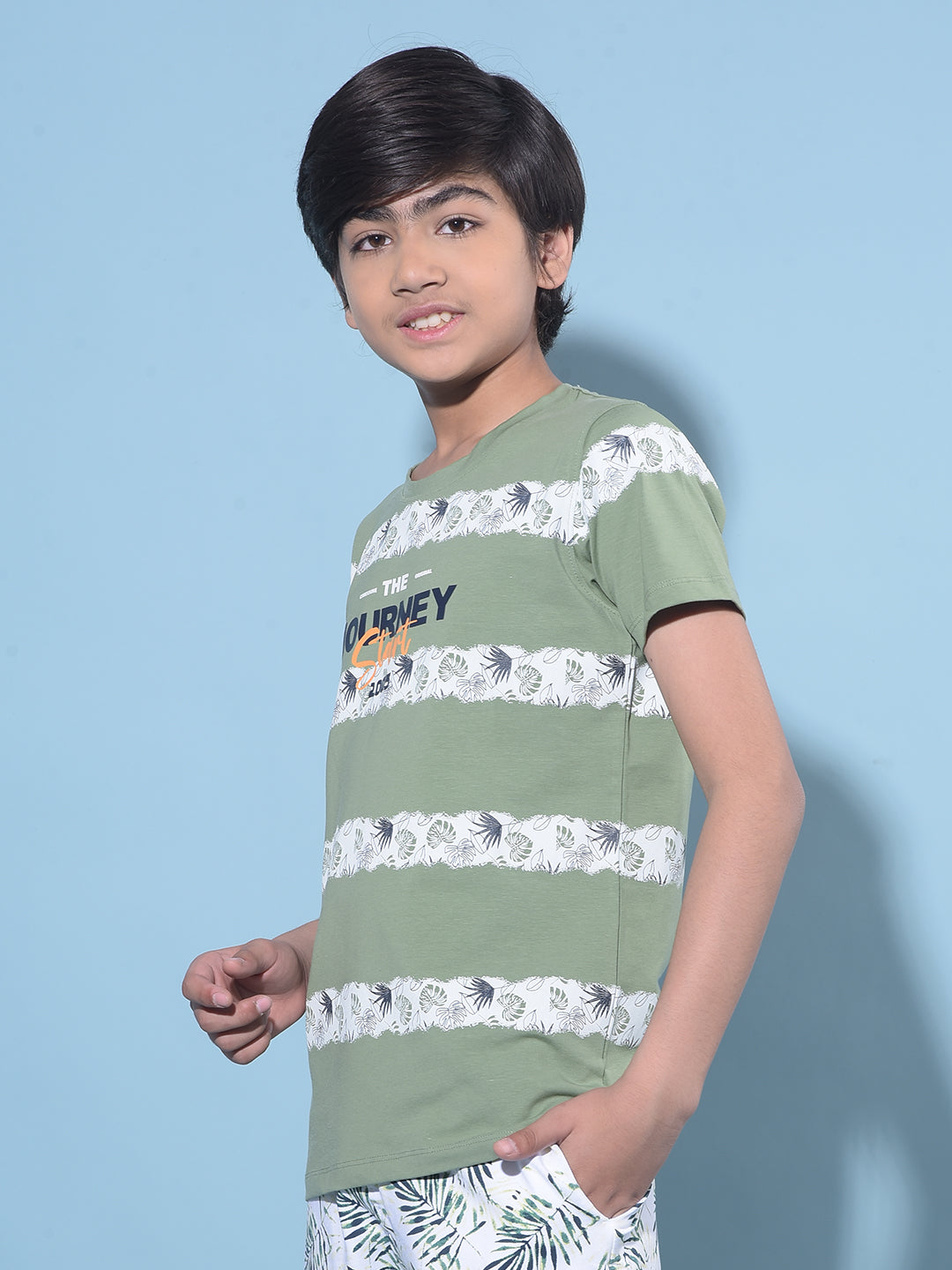 Green Floral Printed Cotton T-Shirt-Boys T-Shirts-Crimsoune Club