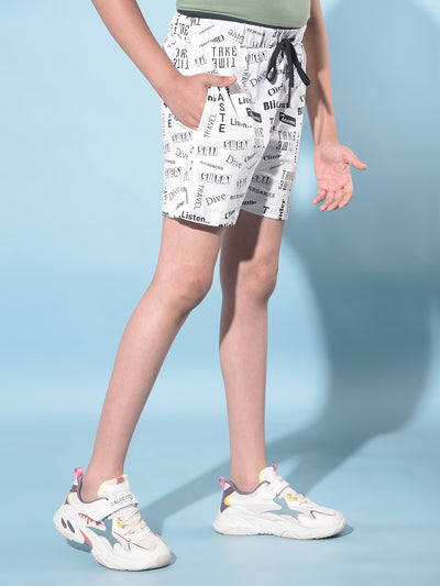 White Typographic Printed Lounge Shorts-Boys Shorts-Crimsoune Club