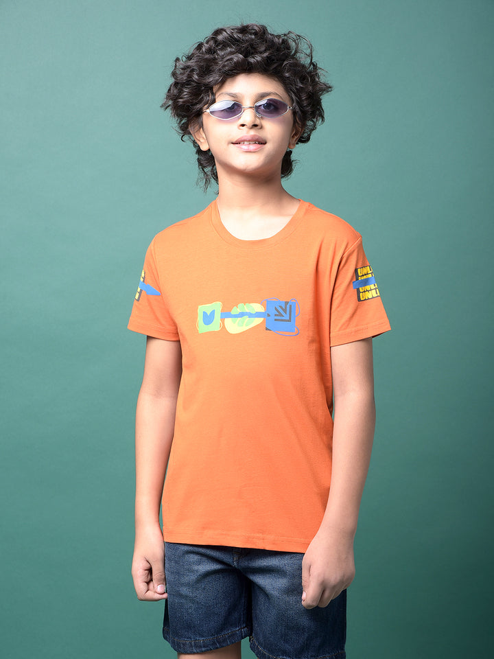 Orange Graphic Print T-Shirt-Boys T-Shirts-Crimsoune Club