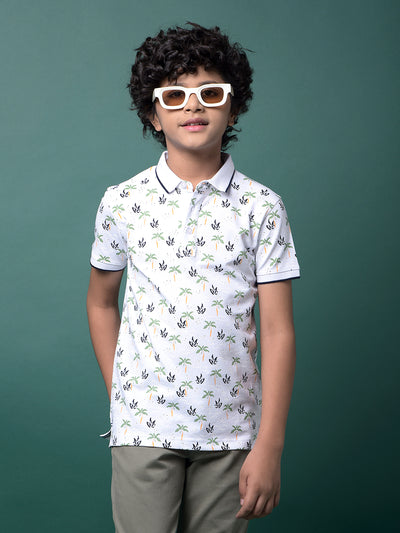 Green Floral Print Polo Neck T-Shirt-Boys T-Shirts-Crimsoune Club