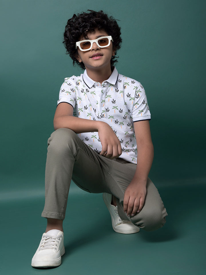Green Floral Print Polo Neck T-Shirt-Boys T-Shirts-Crimsoune Club