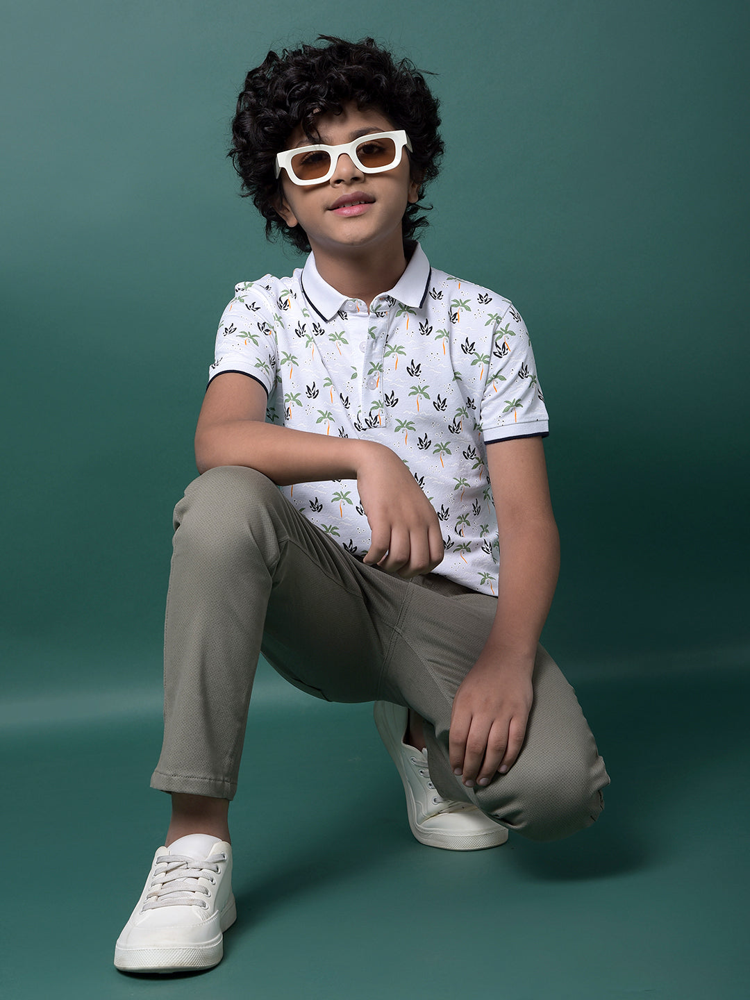 Green Floral Print Polo Neck T-Shirt-Boys T-Shirts-Crimsoune Club