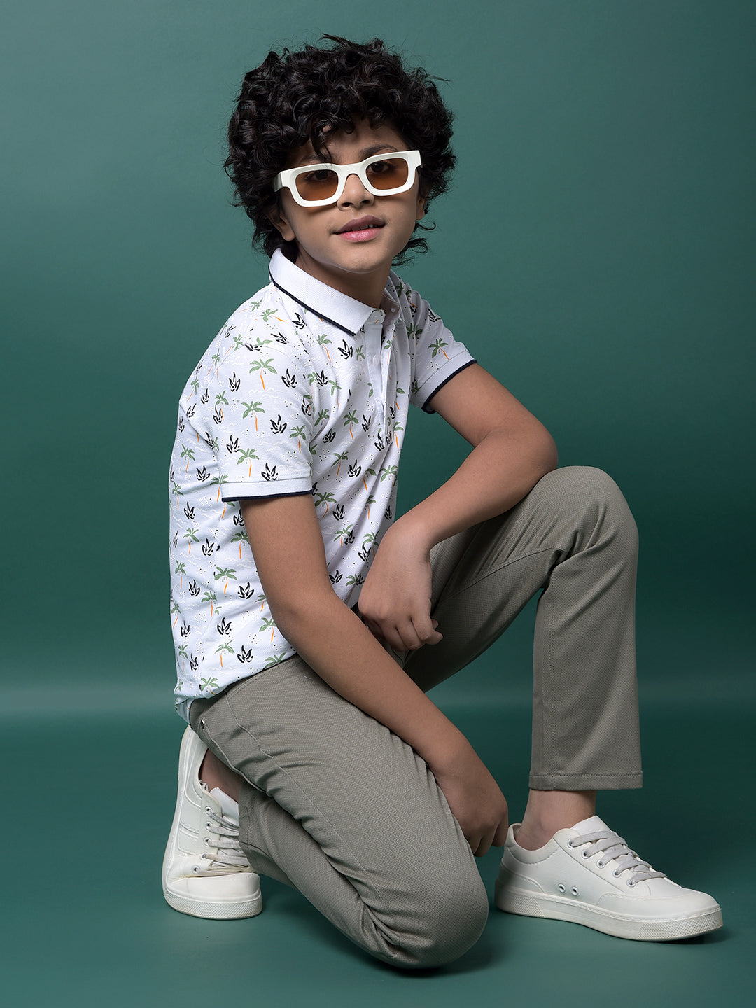 Green Floral Print Polo Neck T-Shirt-Boys T-Shirts-Crimsoune Club