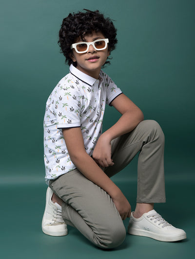 Green Floral Print Polo Neck T-Shirt-Boys T-Shirts-Crimsoune Club