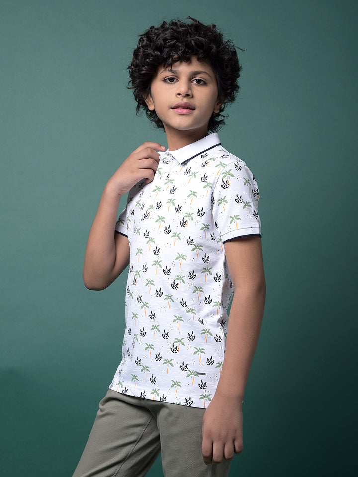 Green Floral Print Polo Neck T-Shirt-Boys T-Shirts-Crimsoune Club