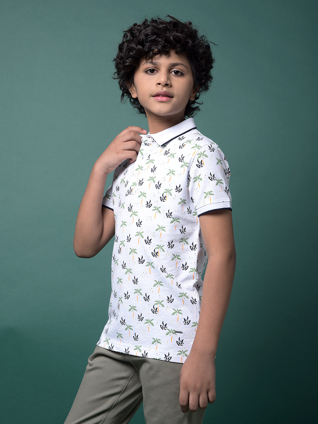 Green Floral Print Polo Neck T-Shirt-Boys T-Shirts-Crimsoune Club