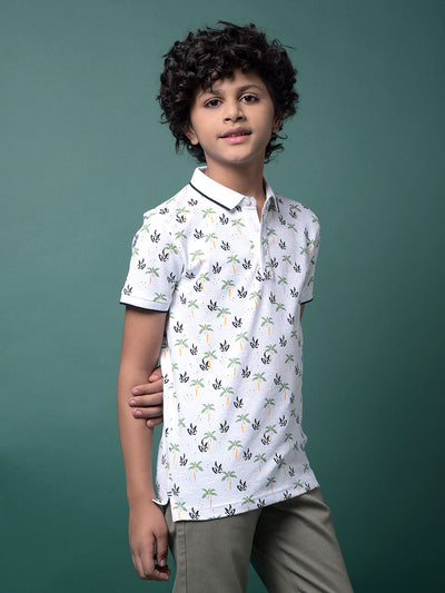 Green Floral Print Polo Neck T-Shirt-Boys T-Shirts-Crimsoune Club