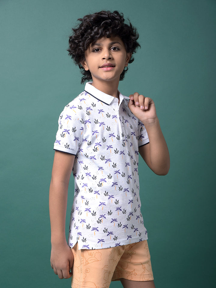 Purple Floral Print Polo Neck T-Shirt-Boys T-Shirts-Crimsoune Club